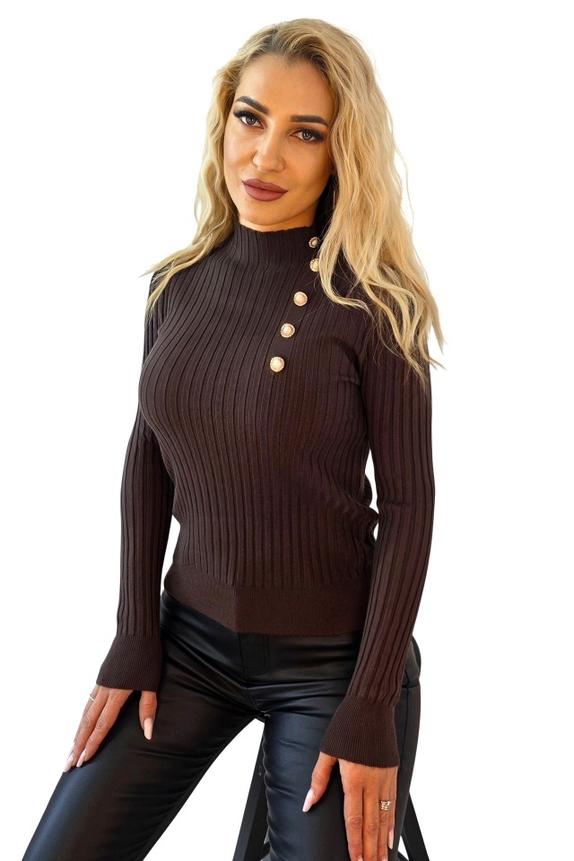 Bluza de dama ELORIA, cu guler inalt si nasturi perlati, Maro