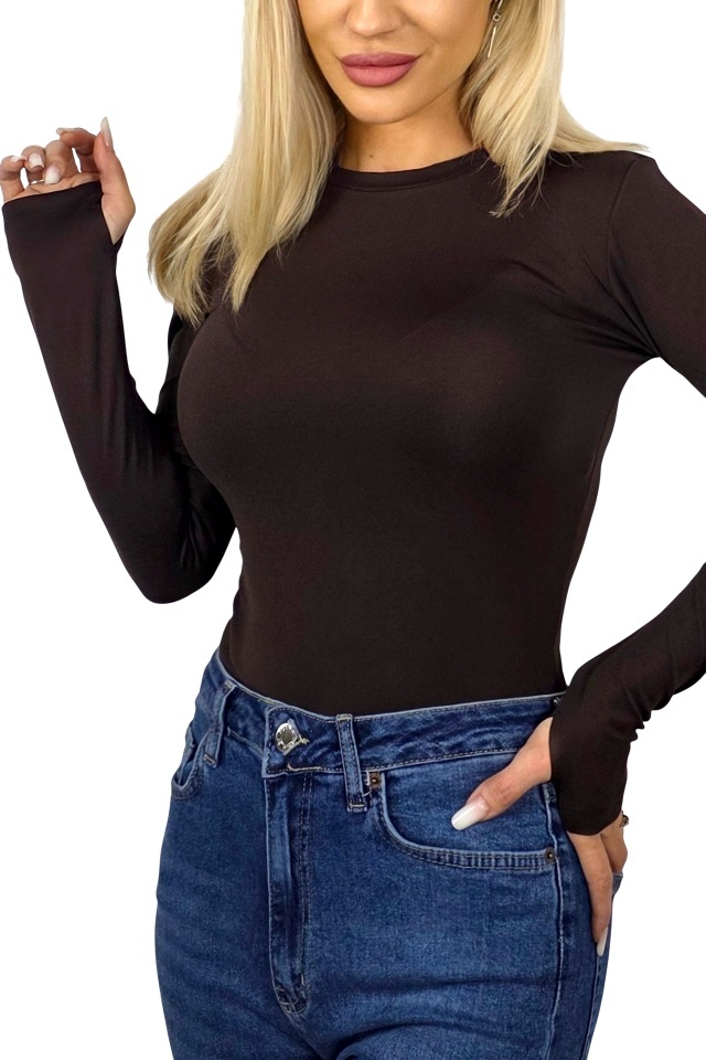 Bluza midi BASIC, cu guler rotund si fenta deget, Maro - 3 | YEO
