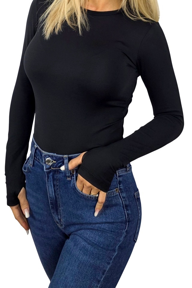 Bluza midi BASIC, cu guler rotund si fenta deget, Negru - 2 | YEO