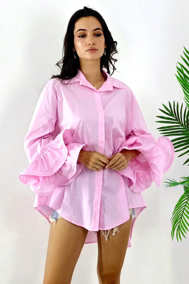 Camasa de ocazie Sugar LoLLy, cu volane si croi supradimensionat, Roz, Marime S/M/L - 3 | YEO