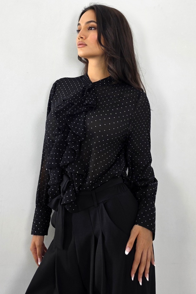 Camasa eleganta cu volane, Daliah si imprimeu buline, Negru, Marime S/M - 3 | YEO