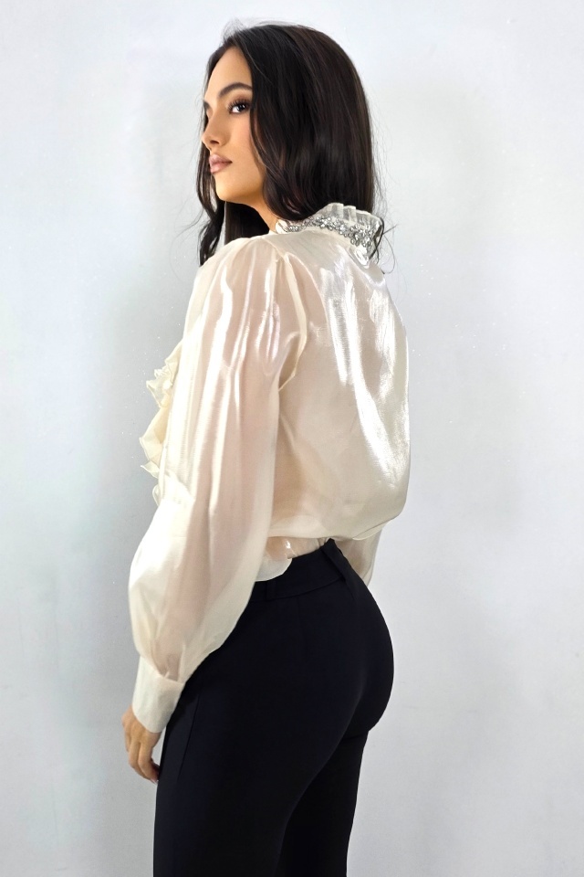 Camasa eleganta, transparenta Costanza, cu jabou si cristale, Crem, Marime S/M - 1 | YEO