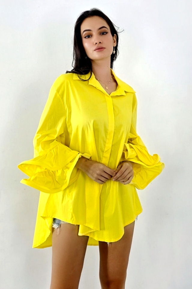 Camasa supradimensionata Sugar LoLLy, lungime asimetrica si volane, Galben, Marime S/M/L - 3 | YEO
