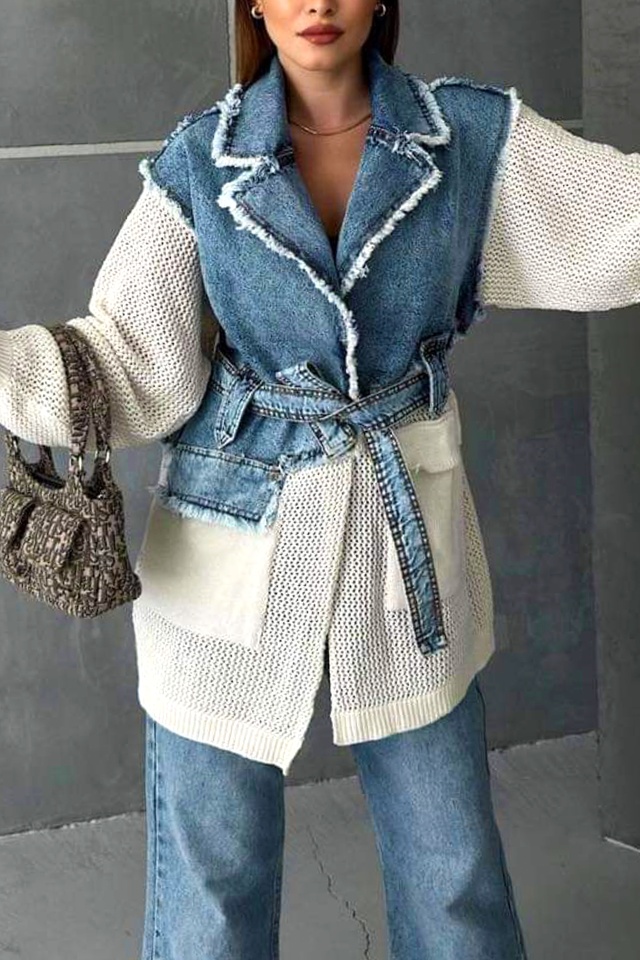 Cardigan lung Violeta, din tricot cu denim si cordon asortat, Alb - 2 | YEO