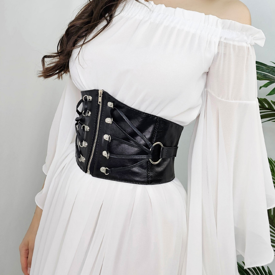 Centura corset Tez, din piele ecologica, elastica, cu fermoar si detalii metalice, Negru - 1 | YEO