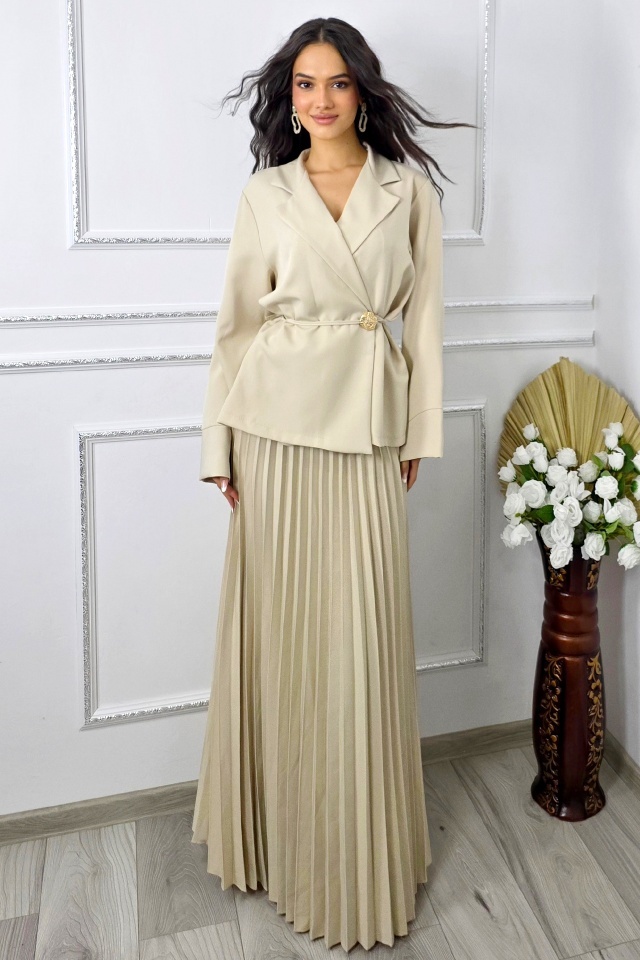 Compleu business LUNIS, cu sacou petrecut si fusta plisata, Crem, Marime S/M/L - 2 | YEO