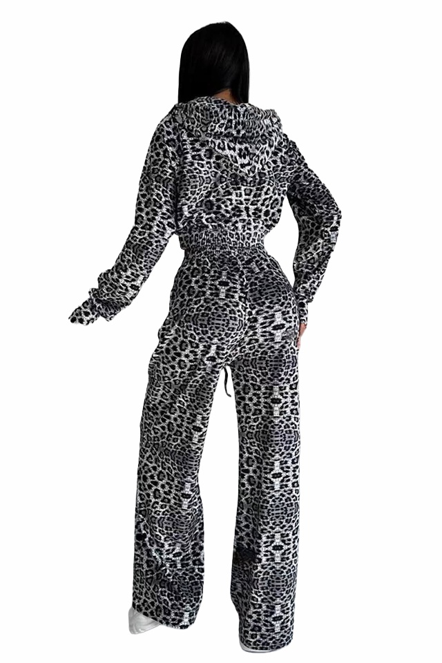 Compleu casual catifea, Savage, pantaloni largi si hanorac cu fermoar, Negru Leopard