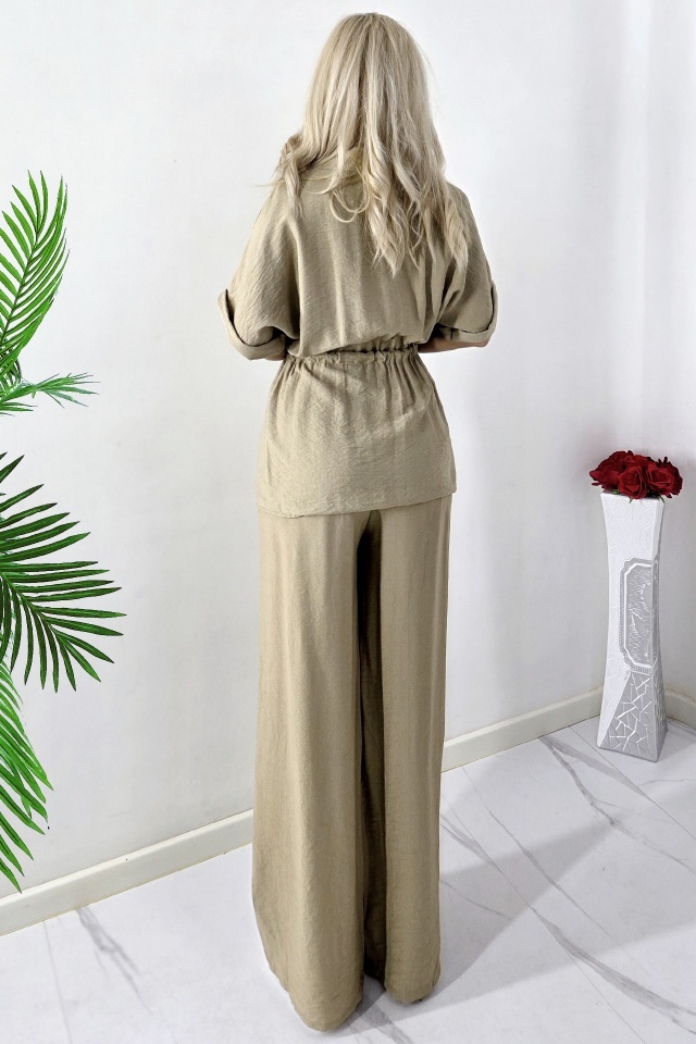 Compleu casual din vascoza LUNIA, camasa lunga si pantaloni cu banda elastica, BEJ, Marime S/M - 1 | YEO
