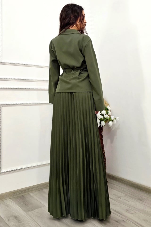Compleu cu fusta plisata LUNIS, si sacou cu brosa, Verde, Marime S/M/L - 1 | YEO