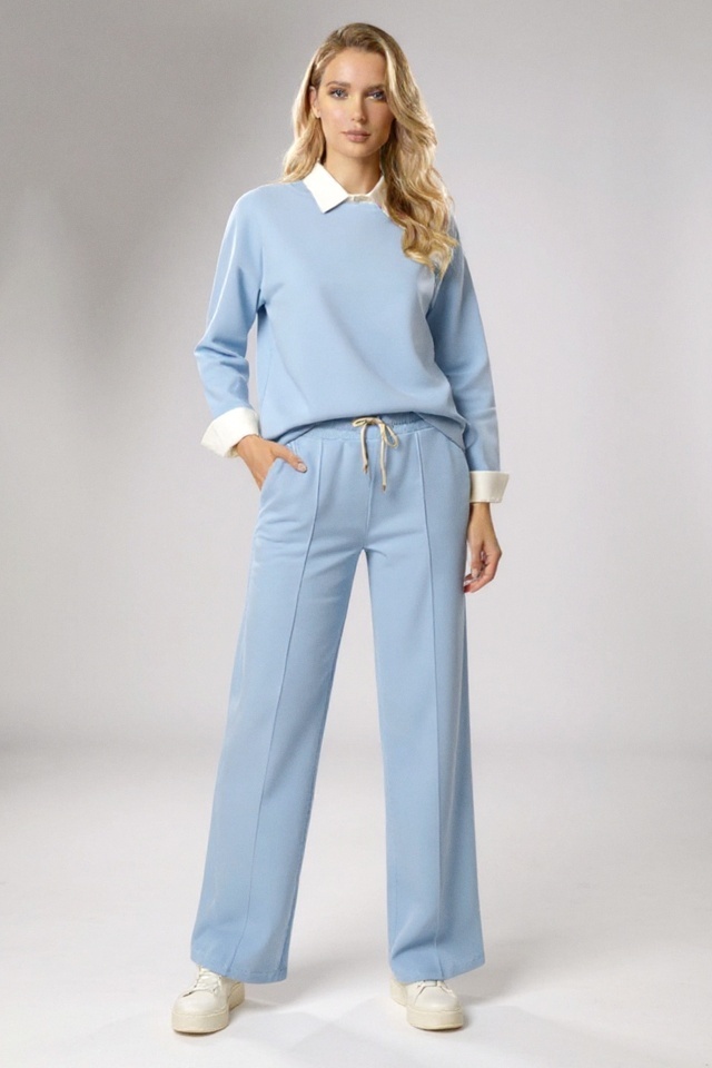 Compleu dama ALYA, cu bluza tip camasa si pantaloni lejeri cu snur, Bleu, Marime S/M/L