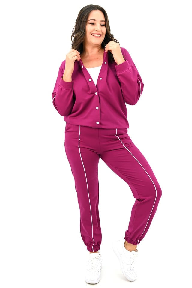 Compleu dama CapsLine, jacheta cu capse si pantaloni sport, Marimi mari, Burgundy - 3 | YEO