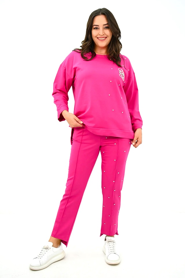 Compleu dama TAYRA, pantaloni conici si bluza cu pietre artizanale, ROZ - 3 | YEO