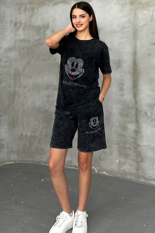 Compleu de dama RUDY, pantaloni scurti si tricou cu paiete, Negru Mickey - 2 | YEO