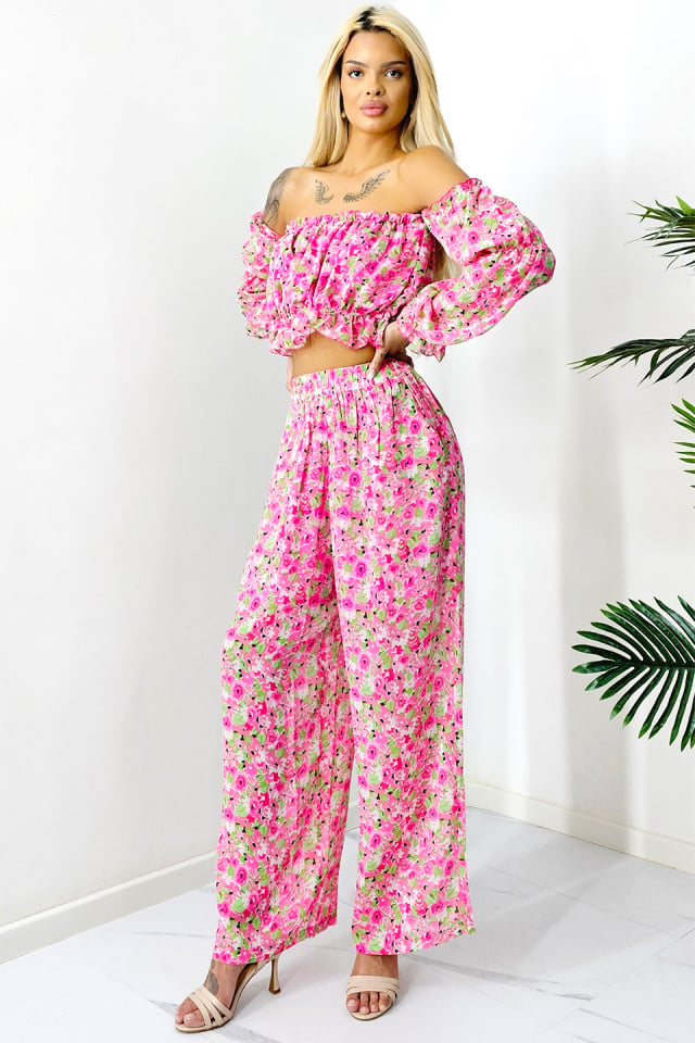 Compleu de vara Bouquet, pantaloni lejeri si camasa cu volane, Roz, Marimea S/M/L - 2 | YEO