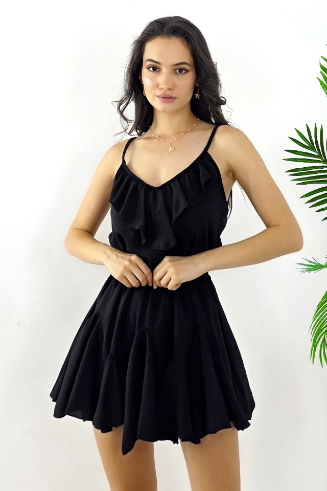 Compleu de zi Calipso, top bretele spaghetti si fusta pantalon zig-zag, Negru, Marime S/M