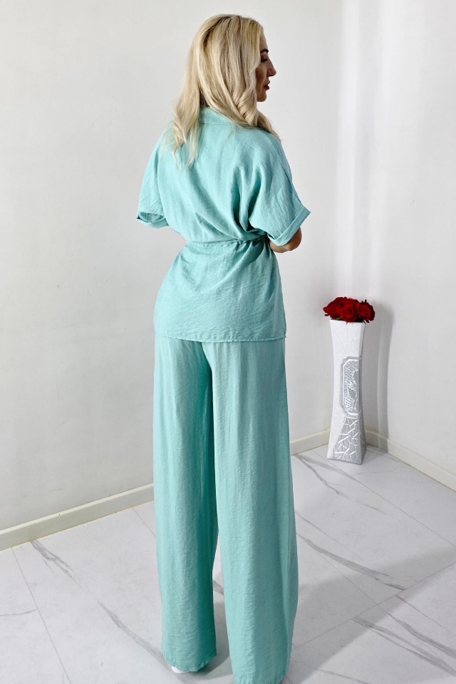 Compleu lejer de vara LUNIA, cu camasa si pantaloni largi, Turquoise, Marime S/M - 1 | YEO