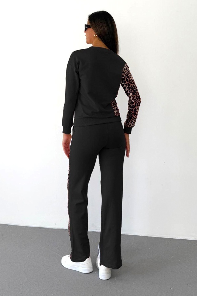 Compleu sport animal print LEONA, cu pantaloni lungi si bluza, Negru - 1 | YEO