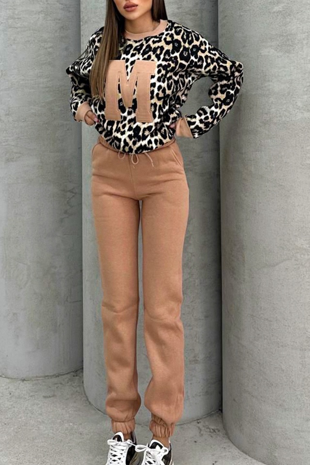 Compleu vatuit By Muse, cu bluza animal print si pantaloni cu snur, Crem - 1 | YEO