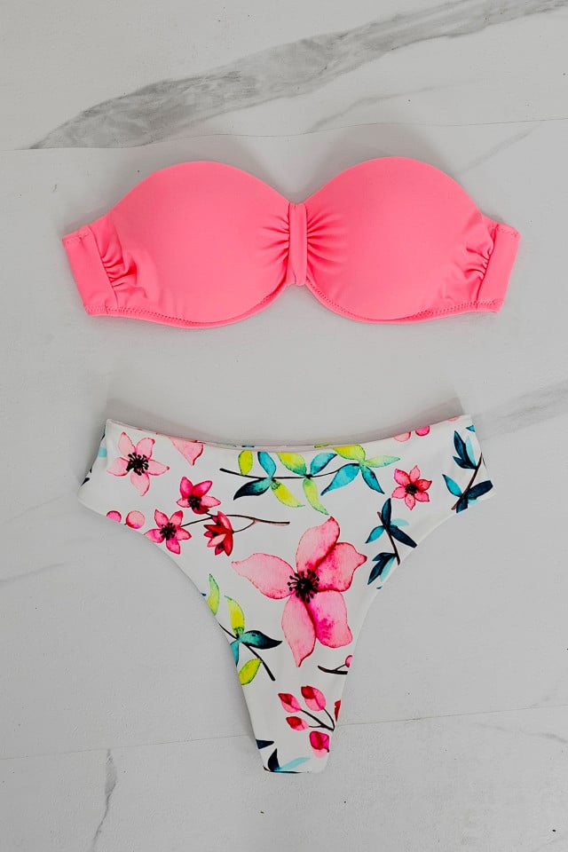 Costum de baie doua piese Azalee, imprimeu floral si sutien uni cu push up, Roz Hibiscus - 3 | YEO