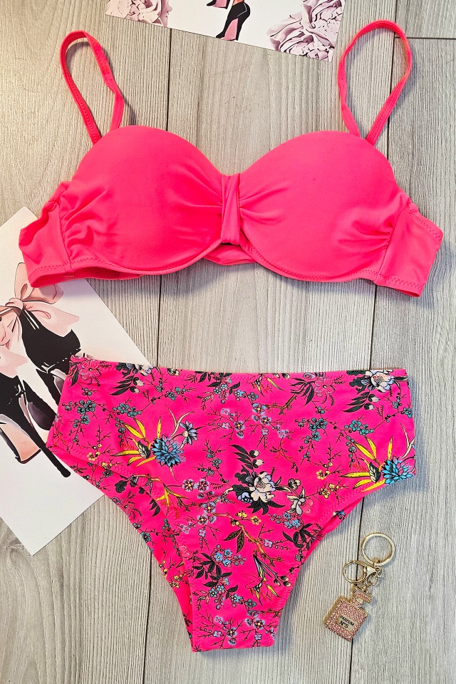 Costum de baie doua piese VELYN, slip imprimeu floral si sutien cu push up, Fucsia - 2 | YEO
