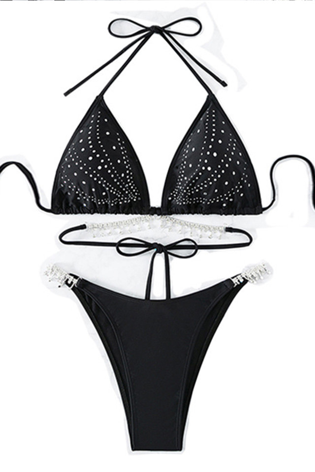 Costum de baie Oceanic Elegance, doua piese, cu strasuri si aplicatii metalice, Negru - 1 | YEO