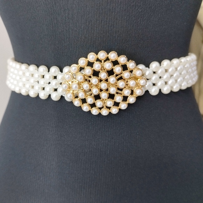 Curea elastica din perle Pearly B, cu catarama metalica decorativa, Gold Ovalyn - 1 | YEO