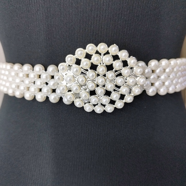 Curea elastica din perle Pearly B, cu catarama metalica decorativa, Ovalyn Alb - 1 | YEO