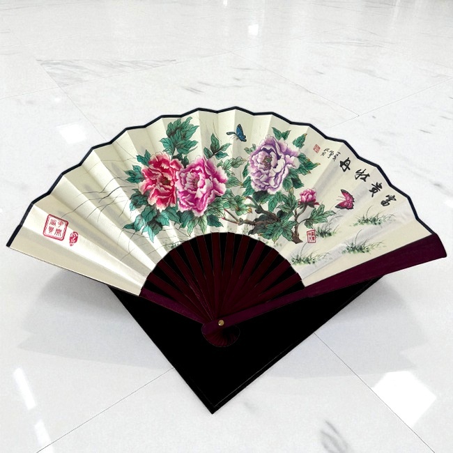 Evantai model japonez OKYOA, pliabil, cu laterale lemn, imprimat diferit fata/spate, Peonies FLY - 2 | YEO