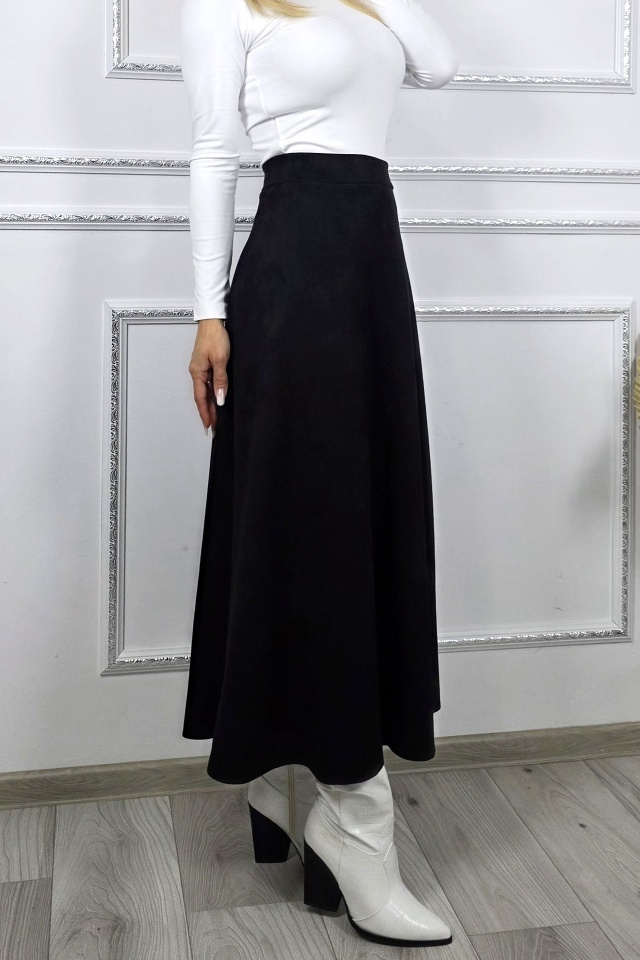 Fusta lunga catifea Tiziana, cu pliuri si croi elegant, Negru