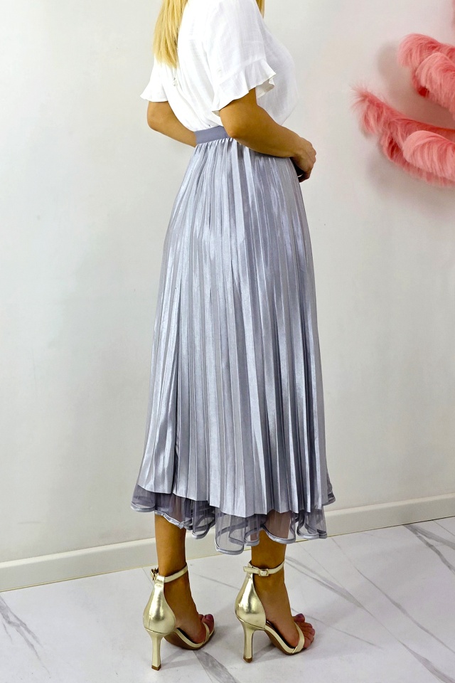 Fusta lunga cu doua fețe, LUNA, aspect plisat si tull, GRI, Marime S/M/L