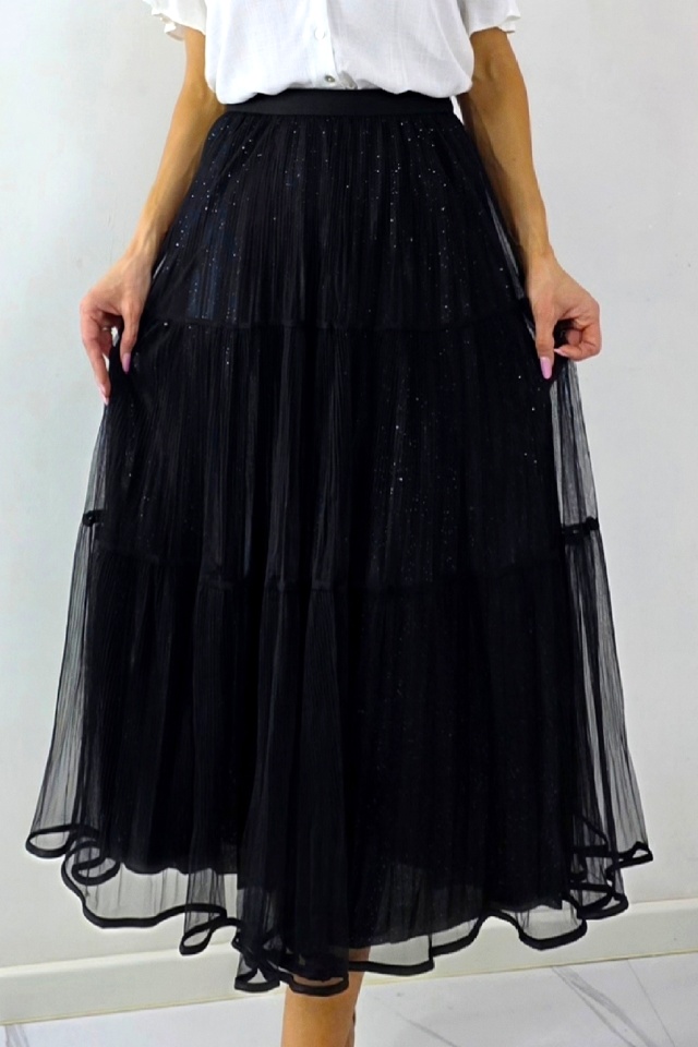 Fusta lunga cu doua fețe, LUNA, aspect plisat si tull, Negru, Marime S/M/L