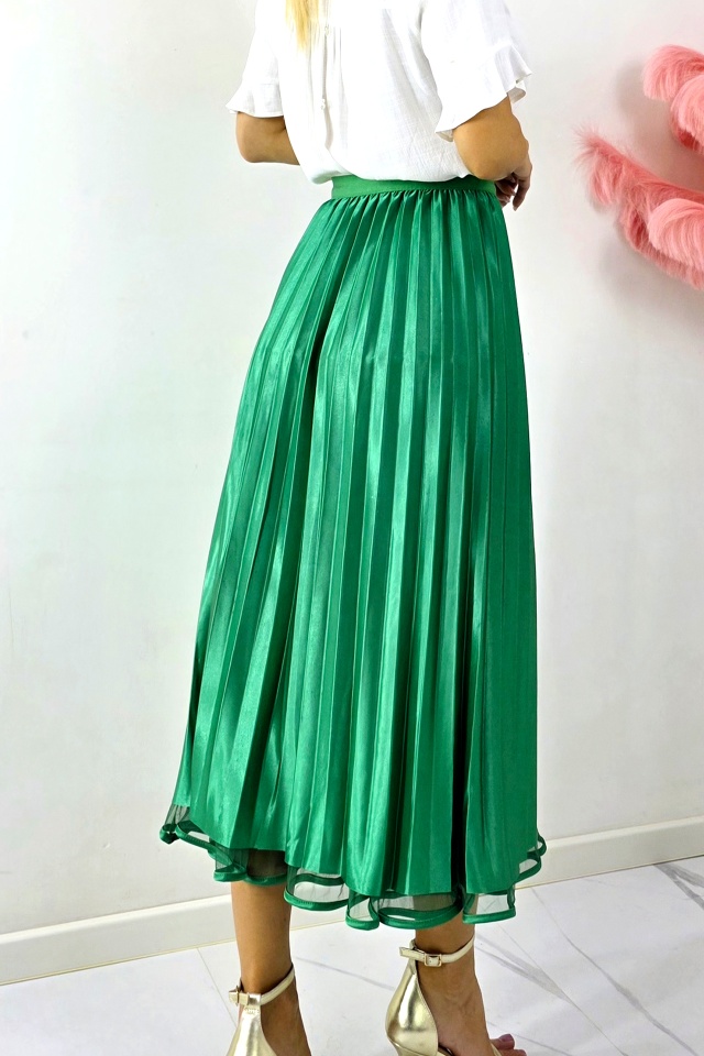 Fusta lunga cu doua fețe, LUNA, aspect plisat si tull, VERDE, Marime S/M/L