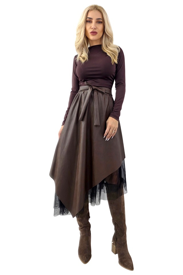 Fusta lunga cu tull asimetric, Florentina, piele eco si cordon cusut, Maro, Marime S/M