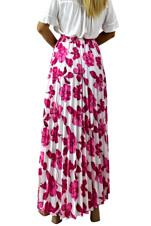 Fusta lunga de vara, plisata ALVINA cu imprimeu floral, Fucsia, Marime S/M