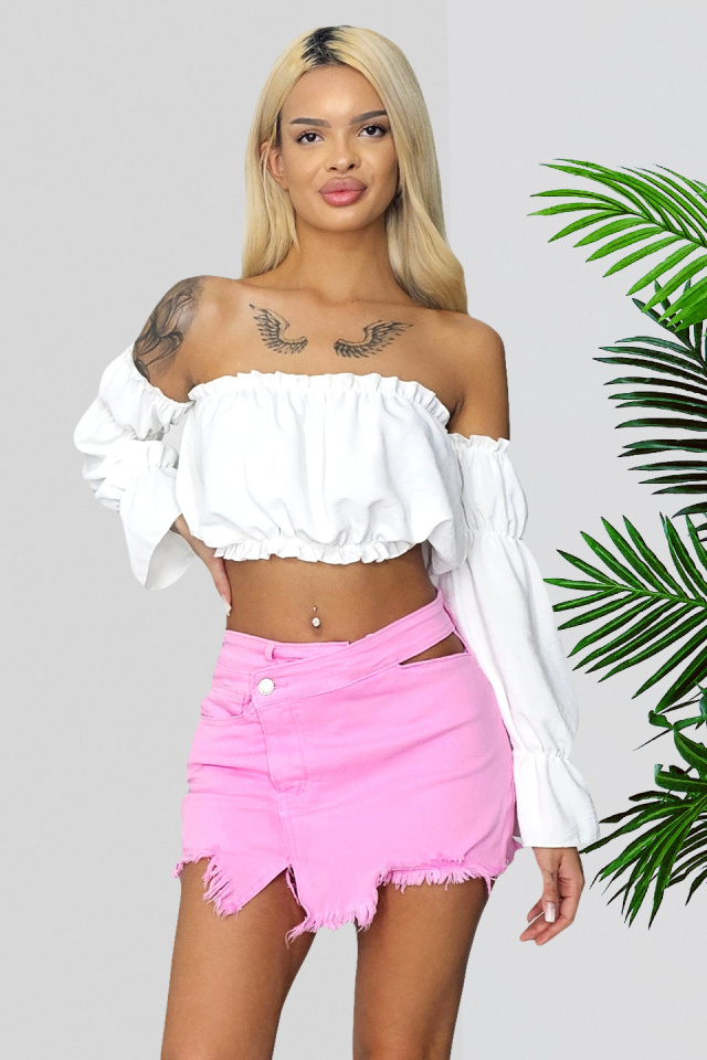 Fusta pantaloni scurti de blugi Nirvana, cu decupaje, Roz - 1 | YEO
