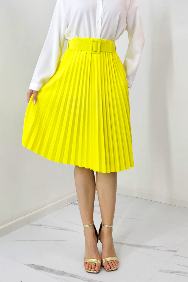Fusta plisata eleganta Carmen, curea de aceeasi culoare inclusa, Galben, Marime S/M