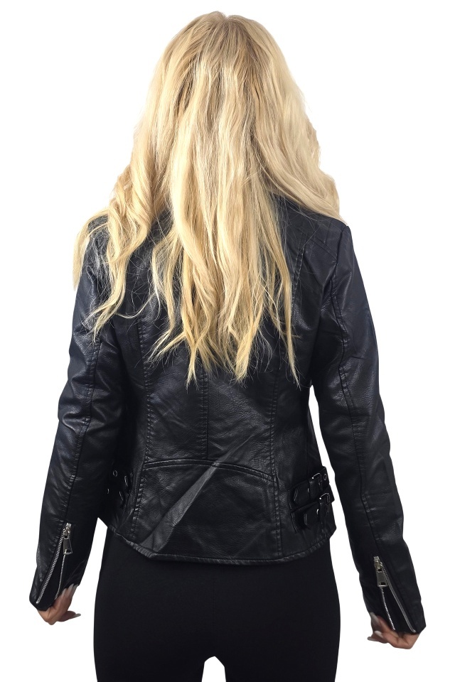 Geaca din piele ecologica NYTA, model biker cu inchidere laterala, Negru