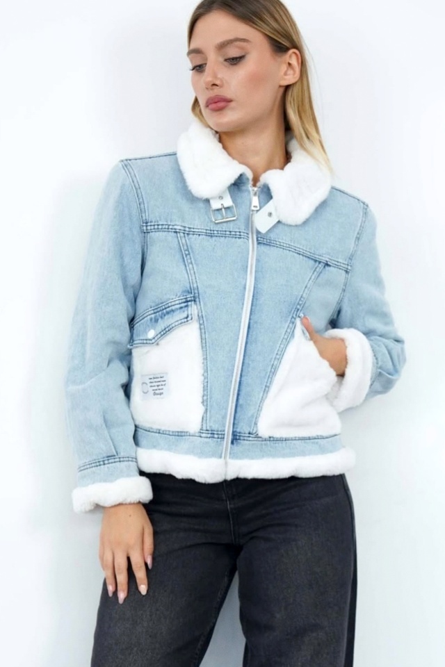 Geaca scurta din denim Renata, cu panouri din blana, Albastru deschis - 2 | YEO