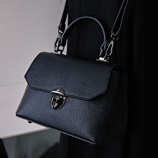 Geanta eleganta, GlamourGrip, din piele naturala, de tip business si curea detasabila, Negru