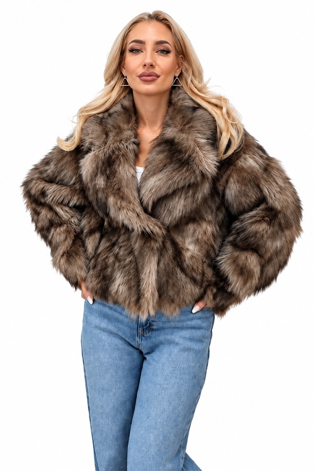 Haina animal print Ysolde din blana ecologica, cu interior satinat, BEJ, Marime S/M — imaginea 7
