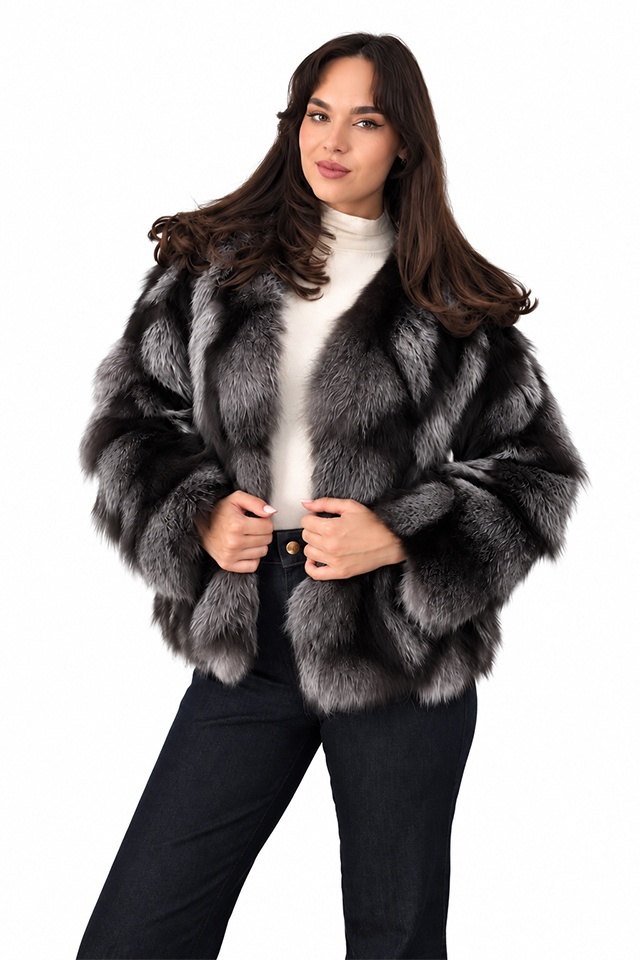 Jacheta din blana naturala de vulpe FELYNA, cu inchidere metalica, Negru/Gri, Marime S/M/L — imaginea 7