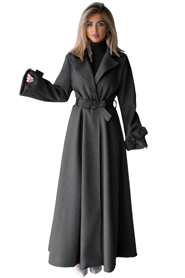 Palton lung cu nasturi Merina, falduri si cordon, Negru Petrol, Marime S/M