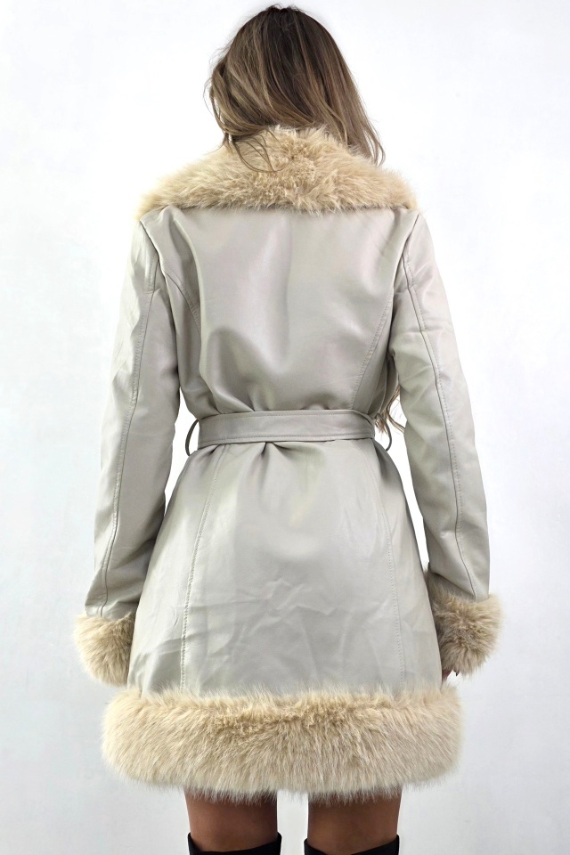 Palton piele ecologica CARMELL, cu cordon si interior imblanit, Crem