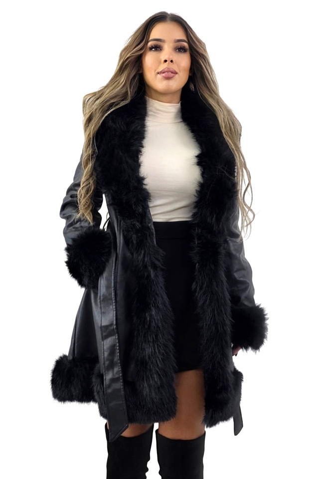Palton piele ecologica CARMELL, cu cordon si interior imblanit, Negru