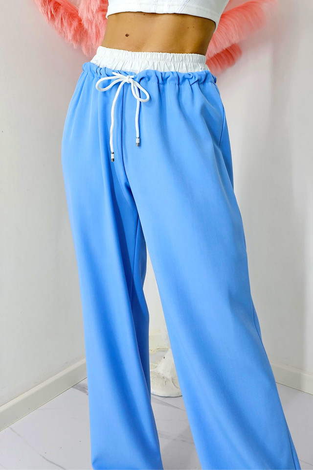 Pantaloni casual ALEF, croiala wide leg si snur in talie, Albastru baby blue, Masura S/M/L - 2 | YEO