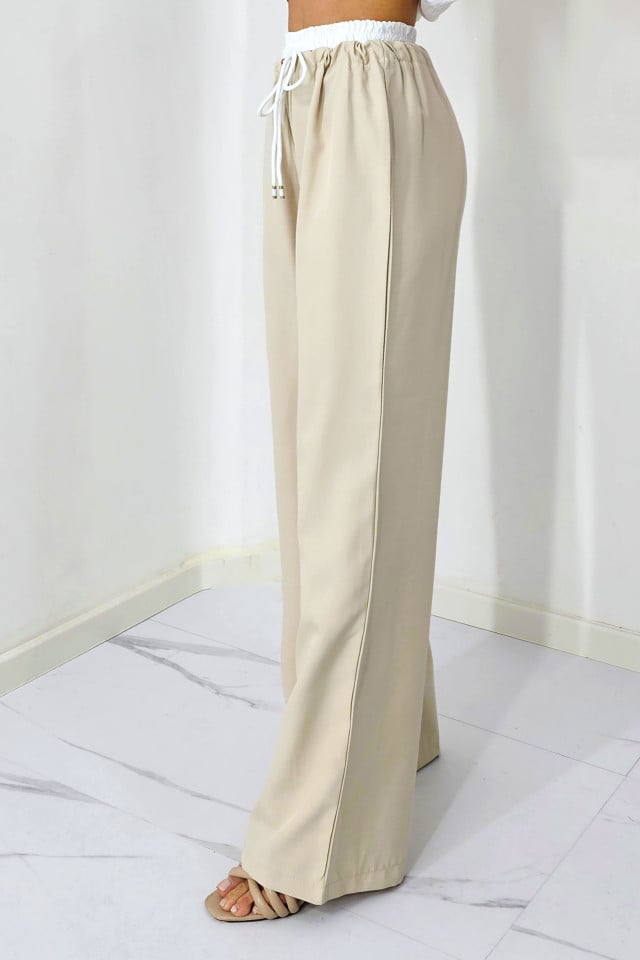 Pantaloni casual ALEF, croiala wide leg si snur in talie, Crem, Masura S/M/L - 2 | YEO