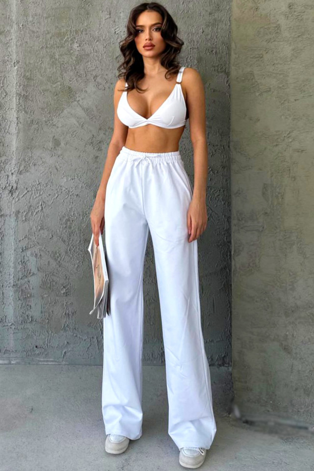 Pantaloni casual HIKE, croiala wide leg si snur in talie, Alb