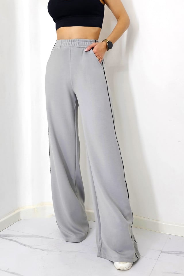 Pantaloni casual Sabyna, cu dungi laterale si croiala wide leg, Gri