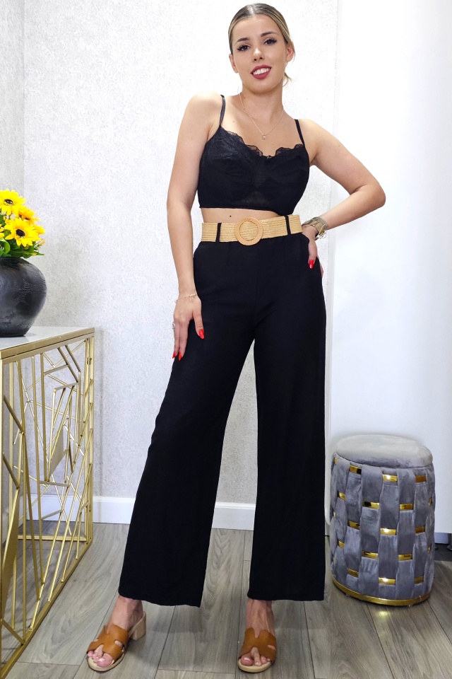 Pantaloni casual SAFYA, material vaporos si curea inclusa, Negru, Marime S/M - 2 | YEO