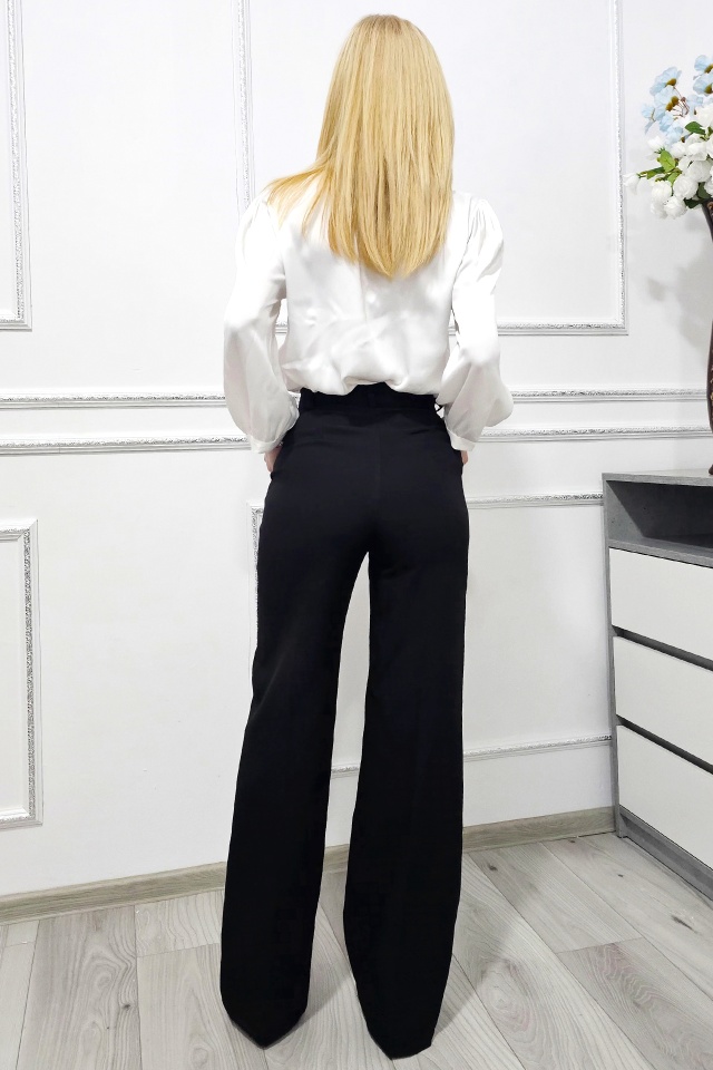 Pantaloni eleganti LALY, croi drept wide leg si buzunare laterale, Negru - 2 | YEO